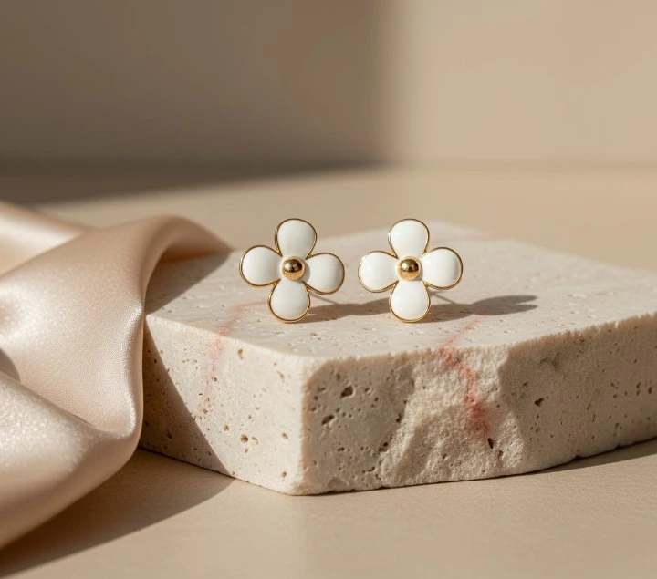 Pétales de Neige – Boucles d'Oreilles Émail Blanc – Image 5
