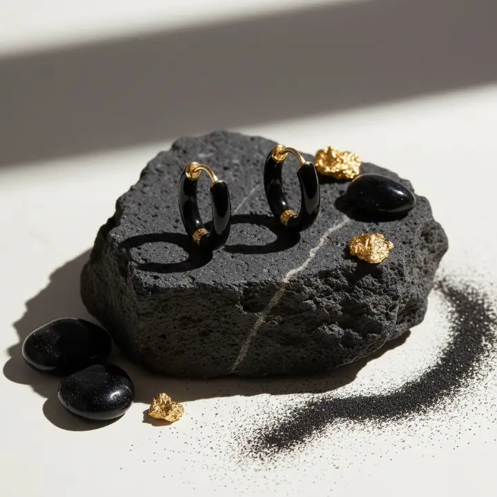 Cercle d’Ébène – Créoles Émail Noir & Or – Image 3