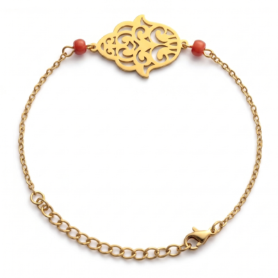 Bracelet Khmissa à motif ajouré et perles rouges