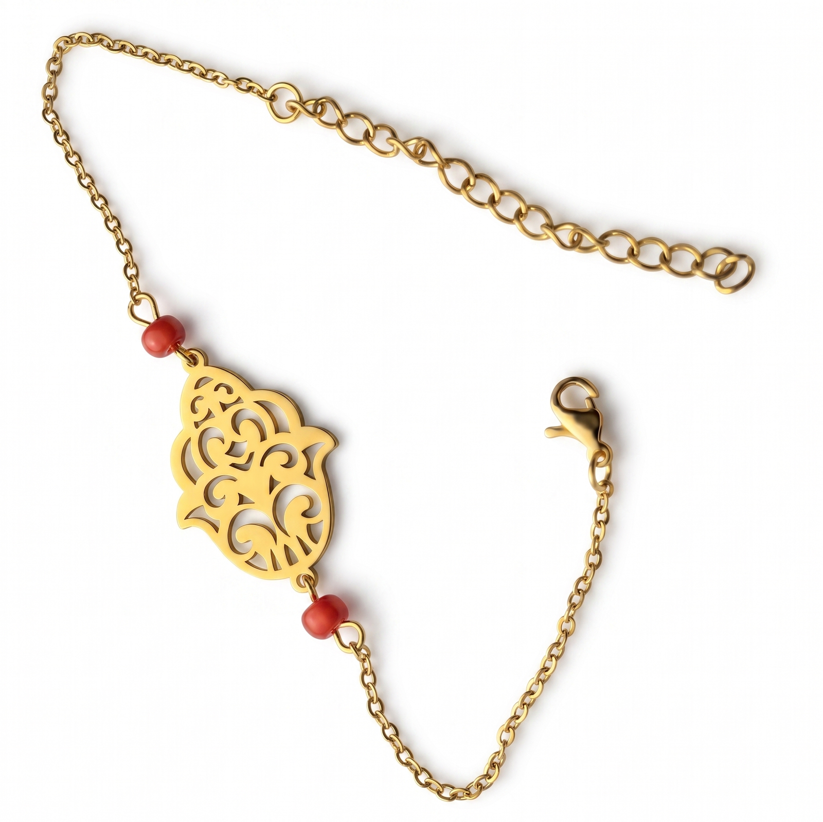 Bracelet Khmissa à motif ajouré et perles rouges – Image 3