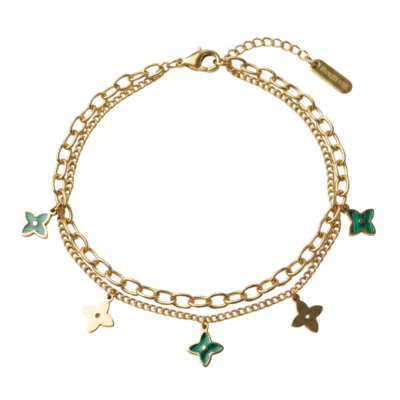 Bracelet Duolya à double chaîne et trèfles suspendus